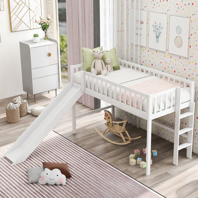 :Low Loft Bed with Slide and Ladder, Twin Size, White - Fun Slide, Space-Saving Design, Perfect for Kids