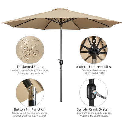 Topeakmart 11ft Patio Umbrella Market Umbrella with 8 Ribs Tilt and Crank for Garden, Deck, Backyard, Pool, Beach, Tan