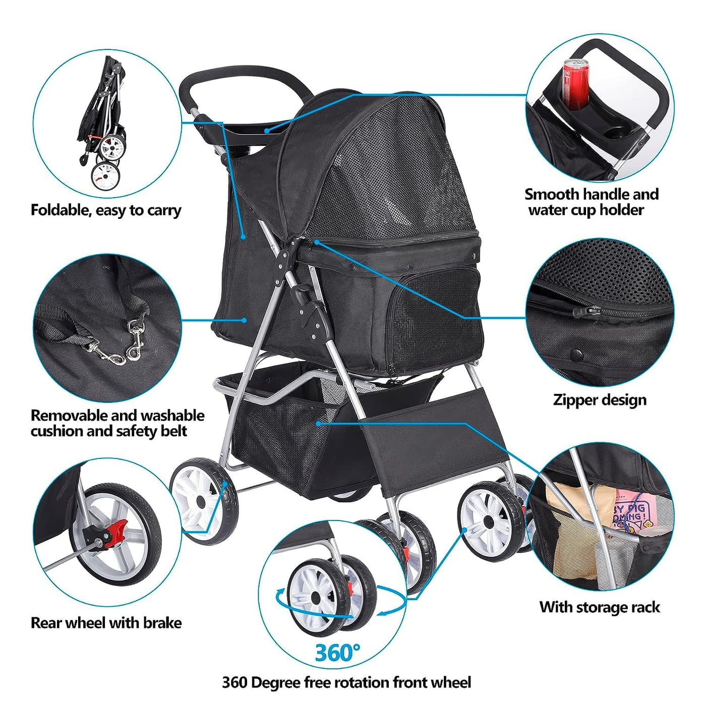 Foldable Pet Stroller, Cat/Dog Stroller with 4 Wheel, Pet Travel Carrier Strolling Cart with Storage Basket, Cup Holder, Black