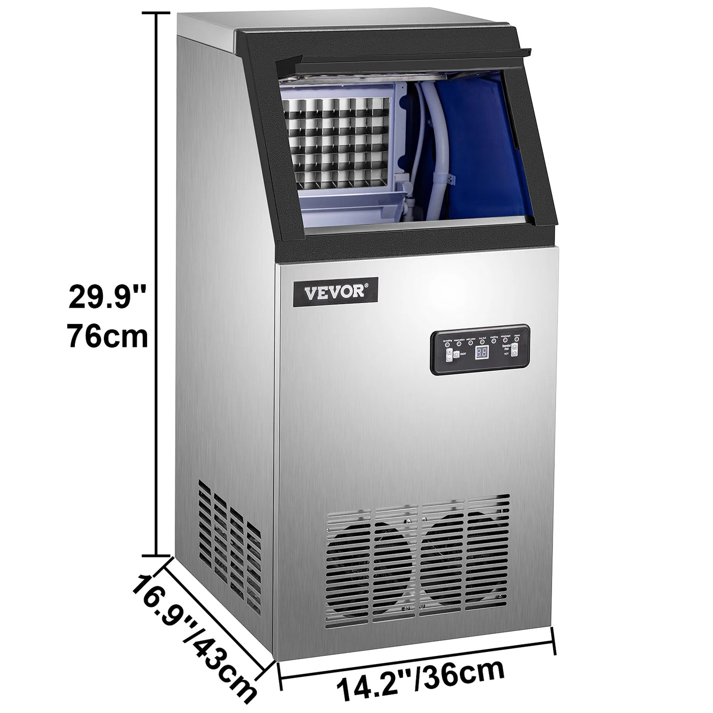 SKYSHALO 110V Commercial Ice Maker 120lbs/24h with 29lbs Storage 5x9 Cubes Stainless Steel Auto Clean for Bar Home Supermarkets Includes Scoop and Connection Hose