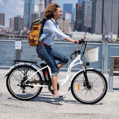 PEXMOR Electric Bike for Adults, 350W (Peak 500W) City Commuter Ebike 36V 12.5AH Removable Battery, 26" Cruiser Electric Bicycle Shimano 6-Speed | Dual Shock Absorber | Basket