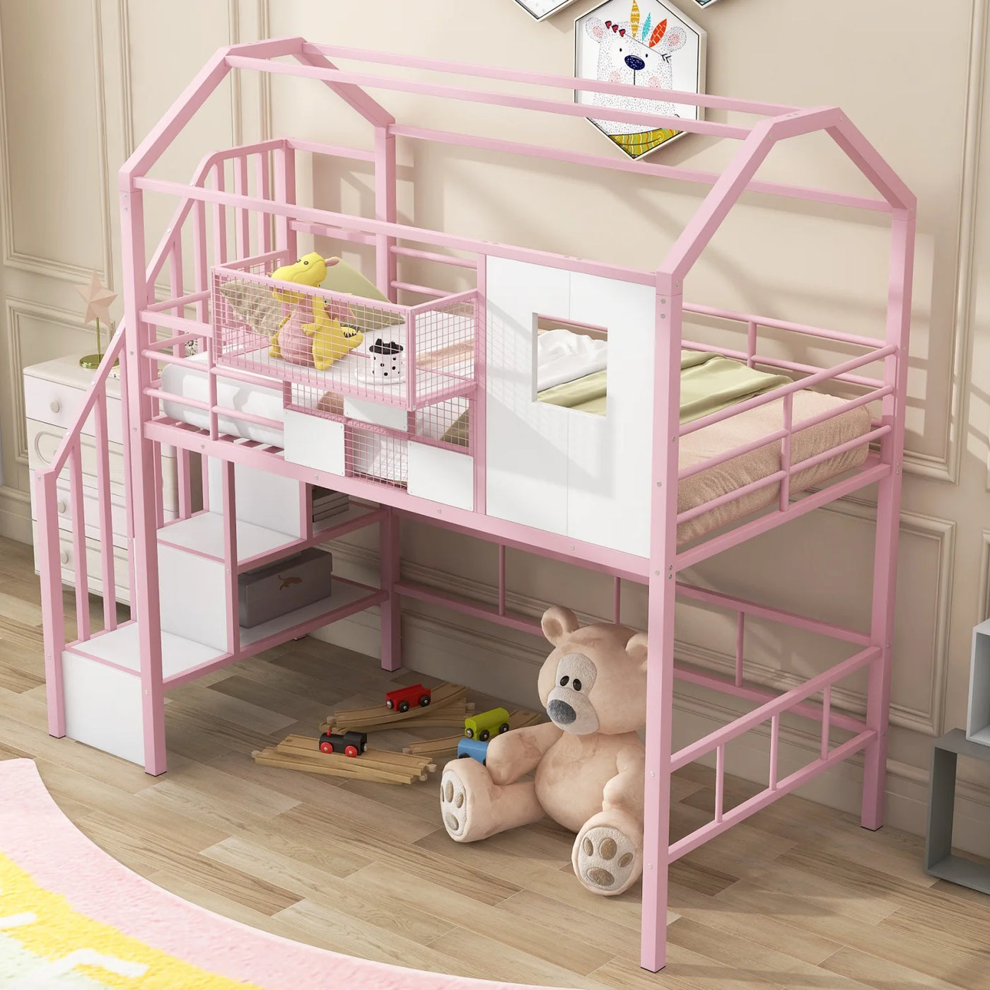 Pink Twin Metal Loft Bed with Unique Roof Design and Convenient Storage Box for Kids‘ Bedroom. Add Charm and Style to Your Child‘s Room with this Space-saving and Chic Furniture Piece.