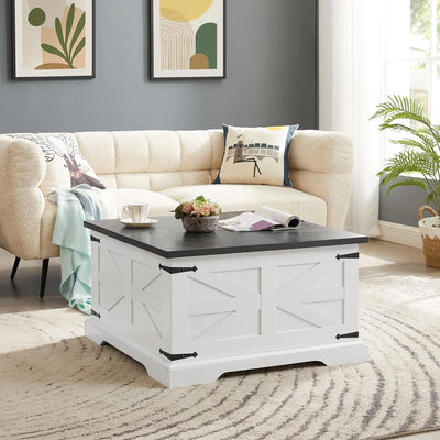 Farmhouse Coffee Table, Square Cocktail Table with Hidden Storage, Barn Panel Design and Hinged Lift Top, Center Table Decorated with Retro-Styled Metal Accents, White