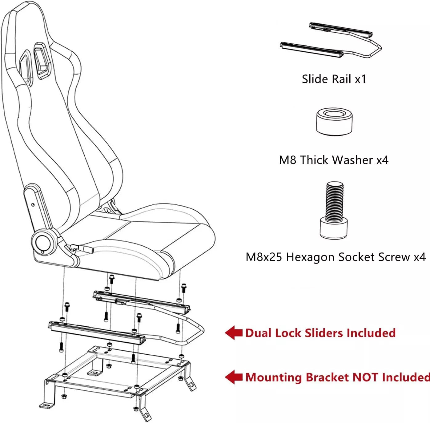 Universal Set of 2 Racing Seats Pair Black Leather Reclinable Bucket Sport Seats