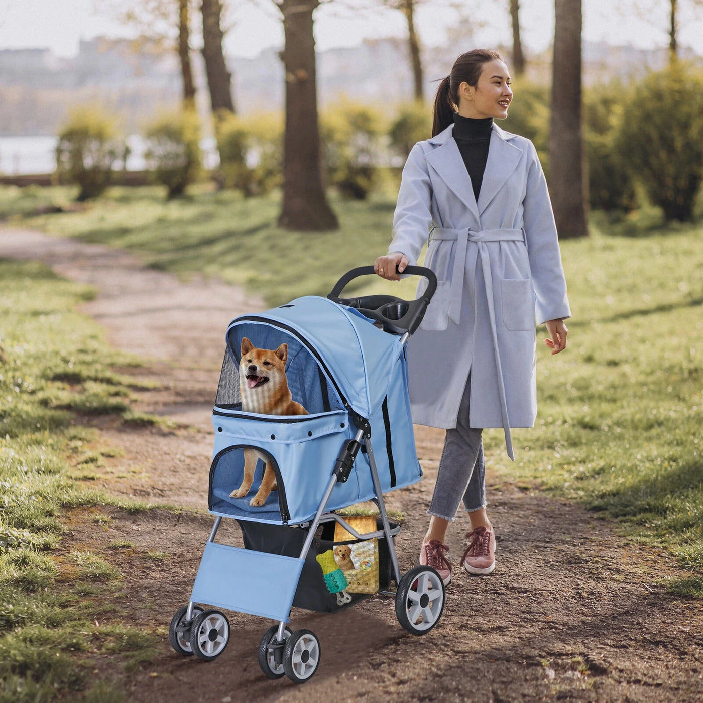 Foldable Carrier Strolling Cart 4 Wheel Pet Stroller for Cat, Dog w/ Cup Holder