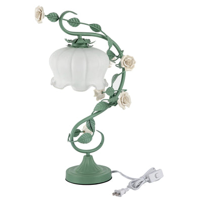 Rose Flower Table Lamp for Bedroom, Stained Glass Desk Lamp Elegant Flower Plug-in Bedside Nightstand Lamp 60W Max Green