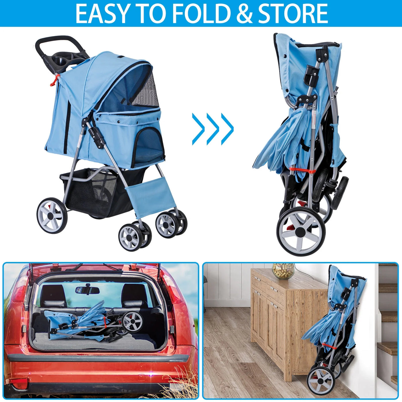 Foldable Carrier Strolling Cart 4 Wheel Pet Stroller for Cat, Dog w/ Cup Holder