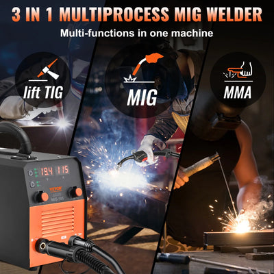 VEVOR 145A MIG Welder, 3 in 1 Combo Gasless MIG/Lift TIG/MMA with Welding Machine, 110 V Flux Core/Solid Wire Welding Machine with IGBT Inverter & MIG Torch