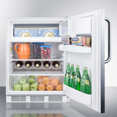 ADA compliant built-in undercounter refrigerator-freezer for residential use, cycle defrost w/deluxe interior, SS door, TB handle, and white cabinet