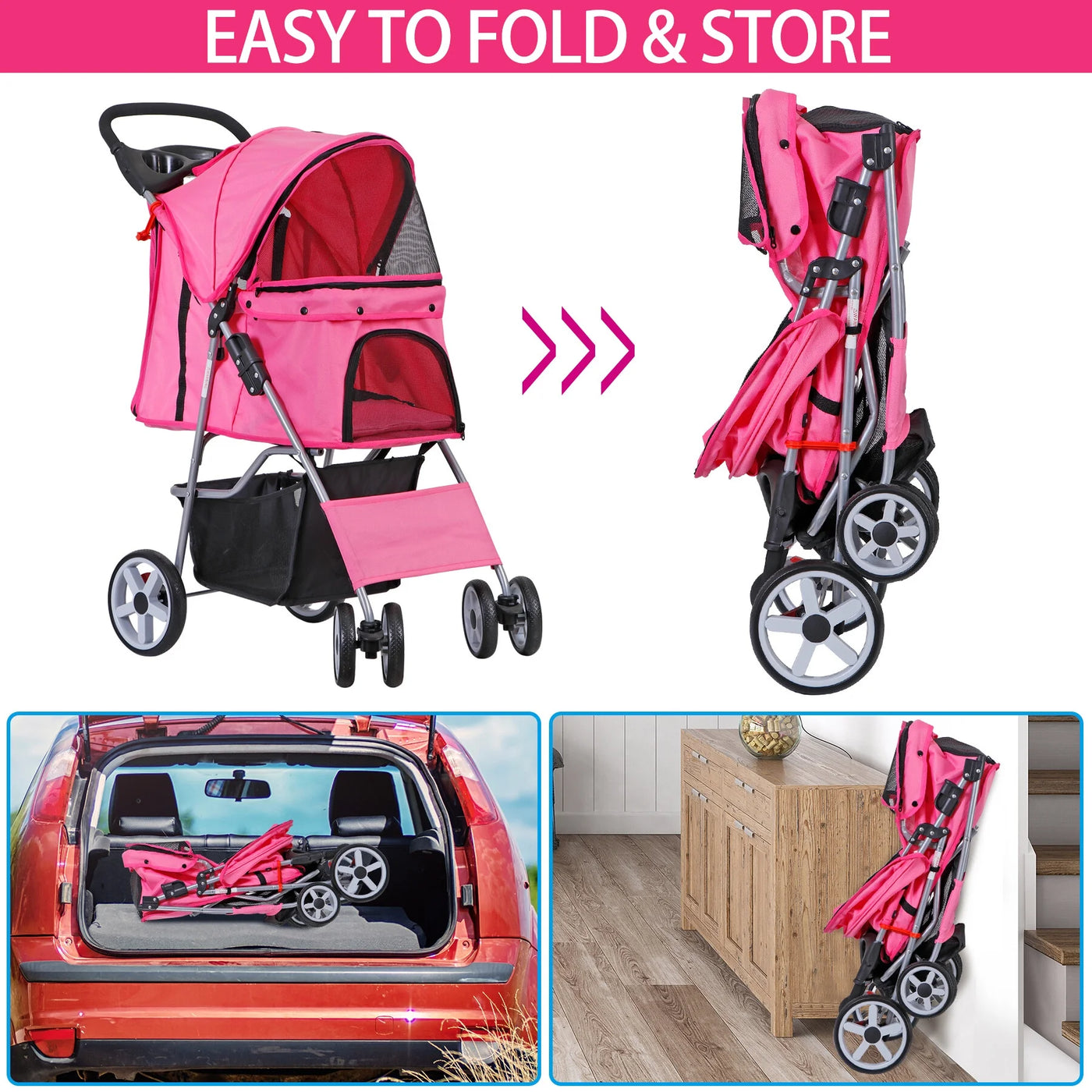 ZENY 4 Wheel Foldable Dog Pet Stroller - Pink