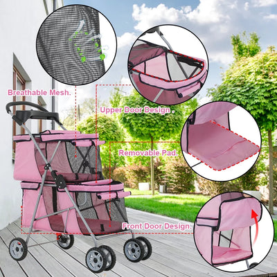 YRLLENSDAN Dog Stroller Cat Stroller Pet Carriers Bag Jogger Stroller for Small Medium Dogs Cats Travel Camping 4 Wheels Lightweight Waterproof Folding Crate Stroller with Soft Pad (Pink)