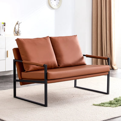 Modern Two-Seater Sofa Chair with 2 Pillows - PU Leather High-Density Foam Black Coated Metal Frame.Brown SF-D008