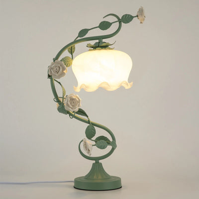 Rose Flower Table Lamp for Bedroom, Stained Glass Desk Lamp Elegant Flower Plug-in Bedside Nightstand Lamp 60W Max Green