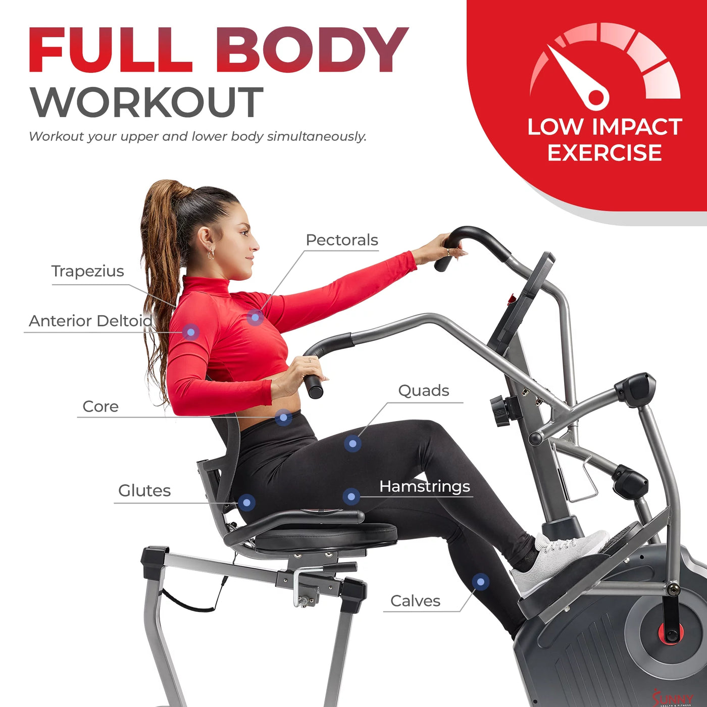 Sunny Health & Fitness Elite Connected Recumbent Cross Trainer Elliptical + Arm Exercisers SF-RBE420049