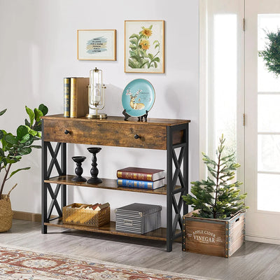 Console Table with Drawer, Entryway Table with 3 Tier Storage Shelves, Narrow Long Sofa Table for Entryway, Living Room, Hallway, Couch, Kitchen, Metal Frame, Brown