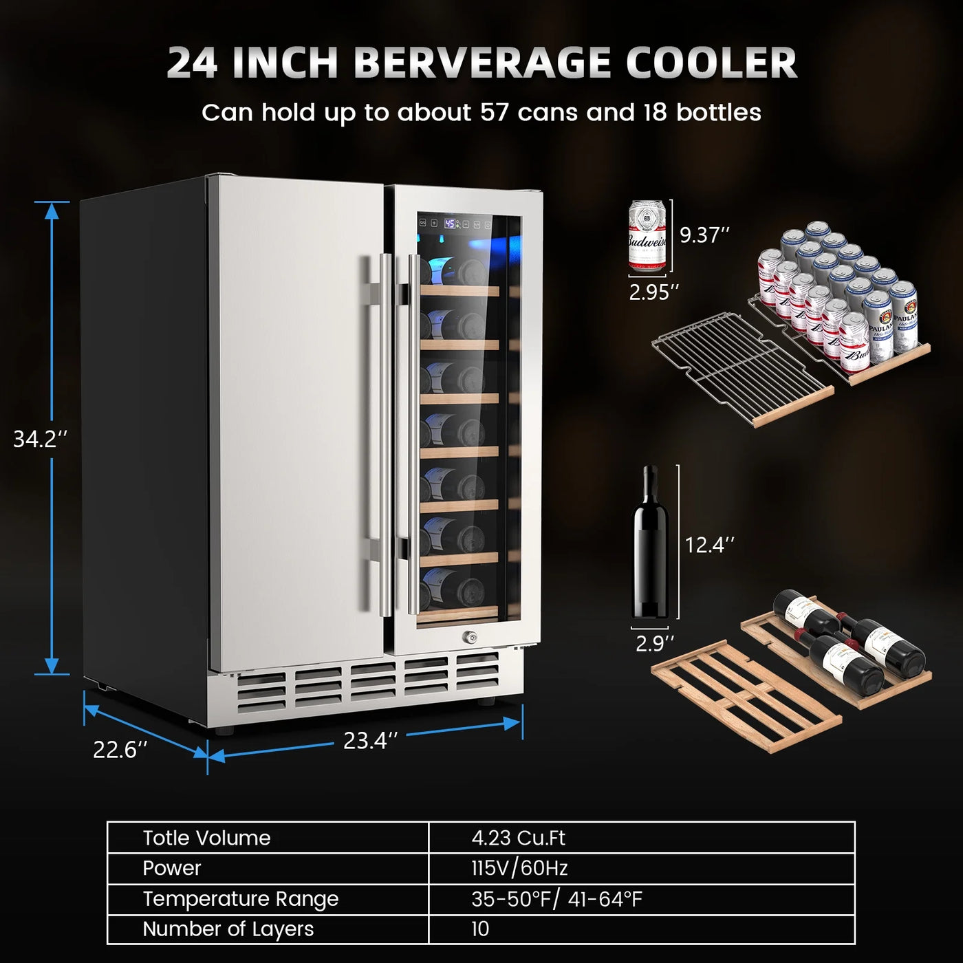 Ecojoy Wine and Beverage Refrigerator, 24 Inch Dual Zone Wine Fridge, Under Counter Wine Cooler Fridge Built-In or Freestanding, Holds 20 Bottles and 57 Cans