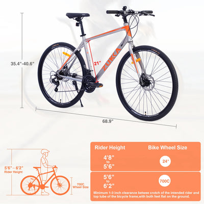 28 inch Hybrid Bike Men, Road Bike with Shimano 21 Speed, 700C Wheels, Comfort Adult Bicycle with Dual Disc Brake, 21'' Lightweight Aluminium Frame, Suggested Rider 5'6" to 6'2" Tall- Silver+Orange