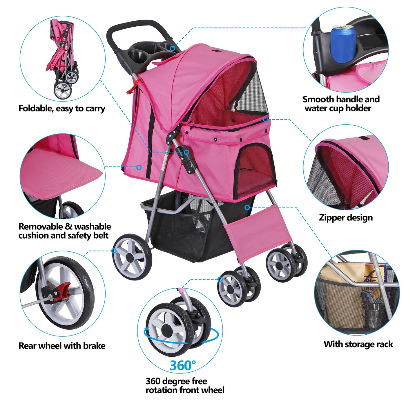 ZENSTYLE 4 Wheels Pet Stroller Foldable Carrier Strolling Cart for Cat Dog w/ Storage Basket Pink