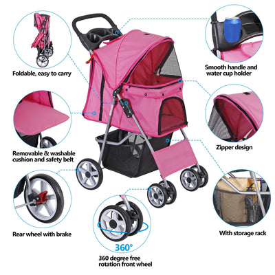 ZENY 4 Wheel Foldable Dog Pet Stroller - Pink