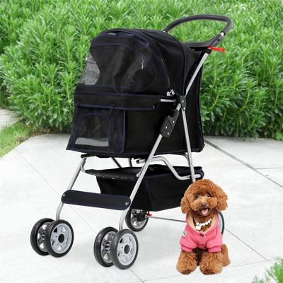 Foldable Dog Stroller Cat Stroller with Storage Basket & Removable Liner, 4 Wheels Pet Stroller，Foldable Carrier Strolling Cart for Dogs Cats, Black