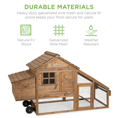 Best Choice Products 70in Mobile Fir Wood Chicken Coop Tractor Hen House w/ Wheels, 2 Doors, Nest Box, Removable Tray