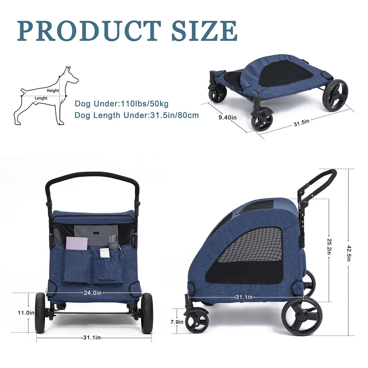 Tikysky 4 Wheel Pet Stroller for Dog and Cat ,Light Foldable,Breathable Mesh Windows,Blue