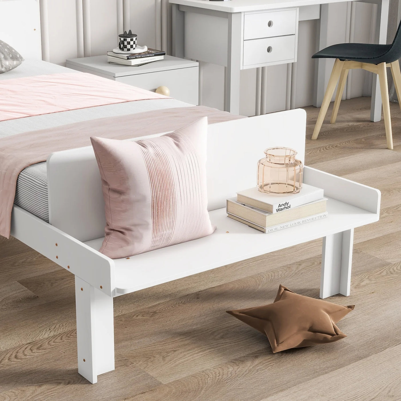 Create a chic and cozy bedroom look with this stylish and elegant white twin bed featuring a footboard bench for added comfort - perfect for enhancing the style and comfort of your bedroo