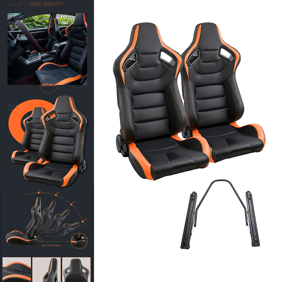 Racing Seats, 2PCS Universal PVC Leather Racing Seats with Dual Lock Sliders, Reclining Design & Front-Back Adjustable Seats (Black&Orange)