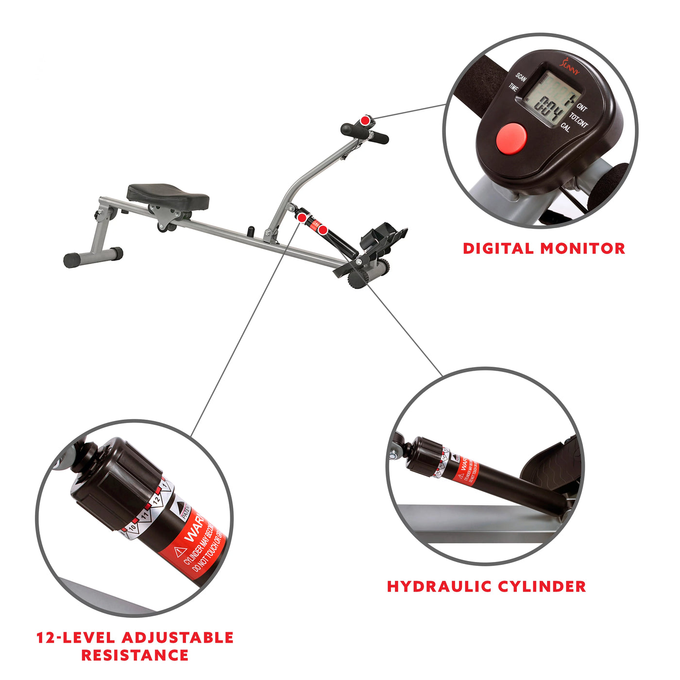 Sunny Health & Fitness SF-RW1205 12 Adjustable Resistance Rowing Machine Rower w/ Digital Monitor