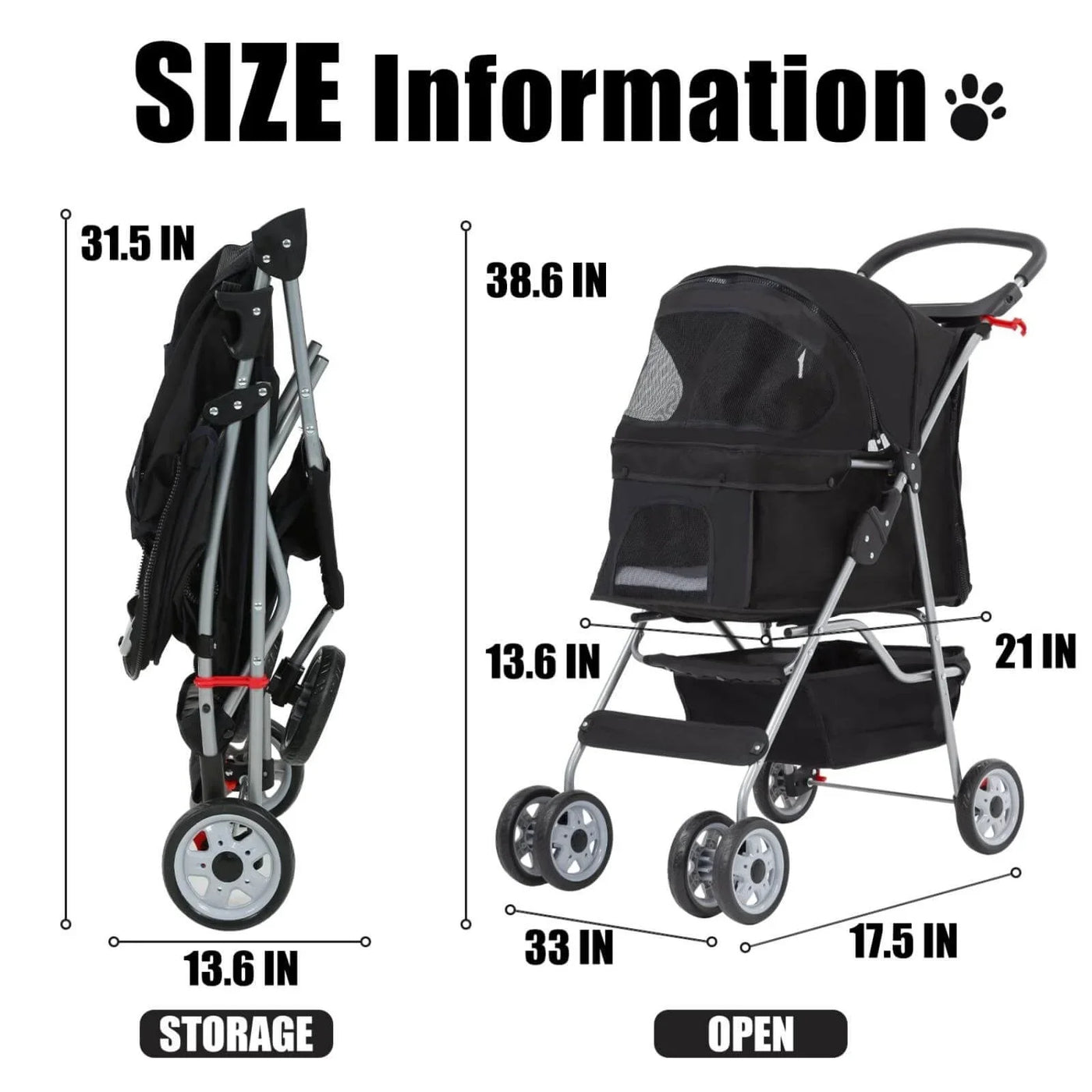 Foldable Dog Stroller Cat Stroller with Storage Basket & Removable Liner, 4 Wheels Pet Stroller，Foldable Carrier Strolling Cart for Dogs Cats, Black