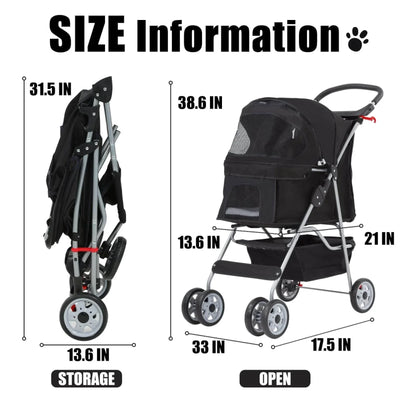 Foldable Dog Stroller Cat Stroller with Storage Basket & Removable Liner, 4 Wheels Pet Stroller，Foldable Carrier Strolling Cart for Dogs Cats, Black