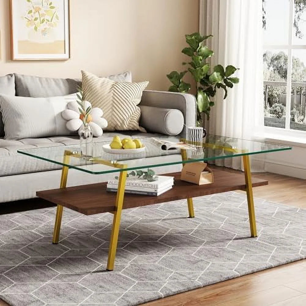 MQLIFEBOOM Glass Coffee Table Mid Century 2 Tier Rectangle Accent Table Tempered Glass Top & Wood Center Table for Living Room Apartment Small Space (Brown Glass/Coffee Brown)