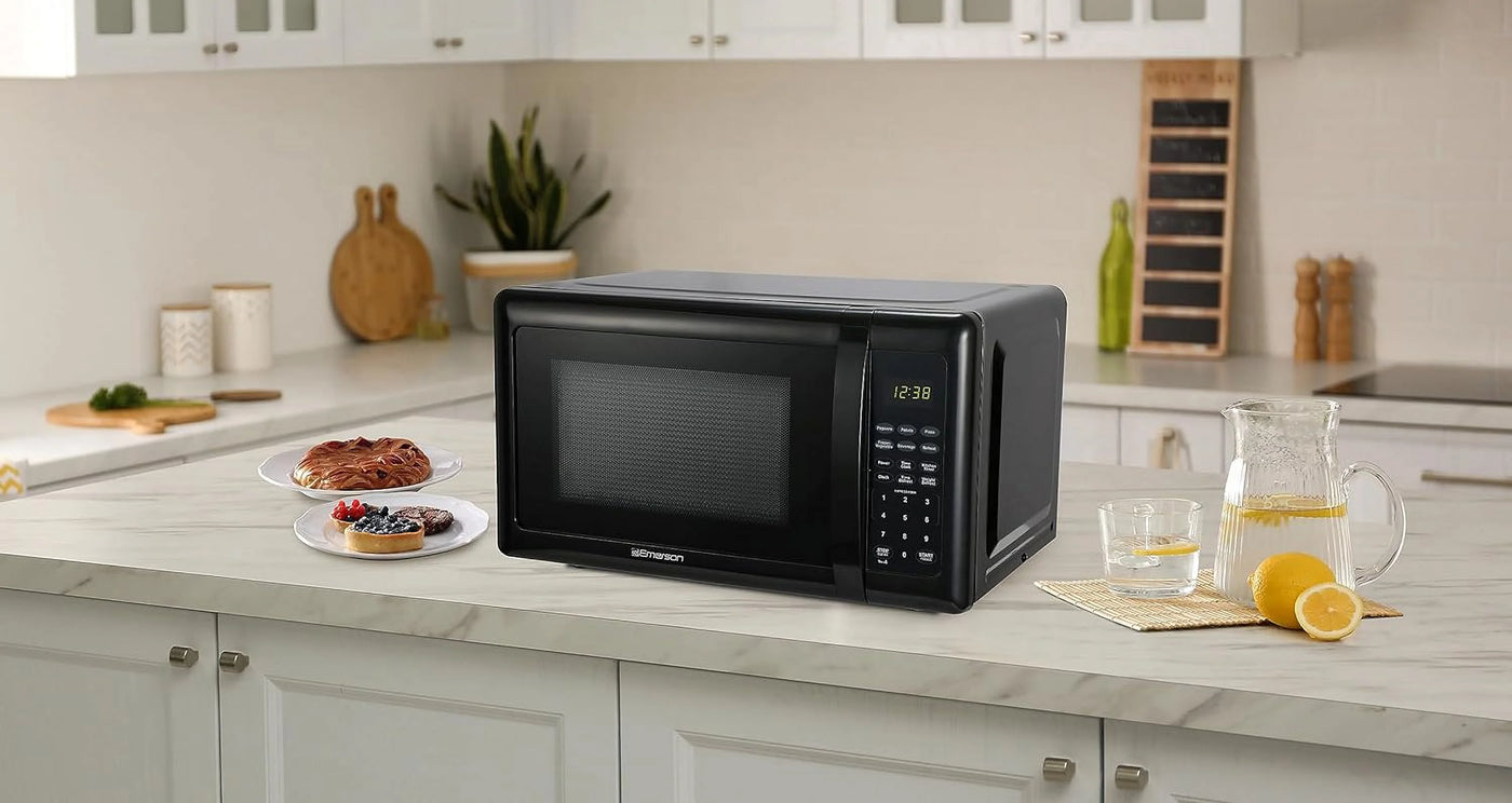 Compact Countertop Microwave Oven with Touch Control, LED Display, 700W, 10 Power Levels, 6 Auto Menus, Glass Turntable and Child Safe Lock, 0.7 Cu., Ft. Black