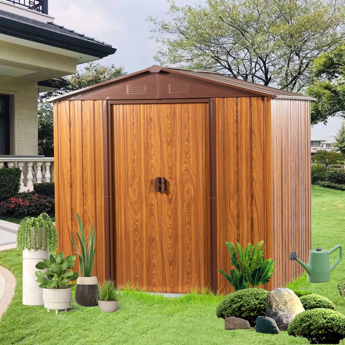 6.36 x 5.7ft Outdoor Metal Storage Shed with Floor Frame, Sliding Doors, Sun Protection, Waterproof Tool Storage Shed for Garden, Patio, Lawn,Backyard (Brown & Wood Grain-No Window)