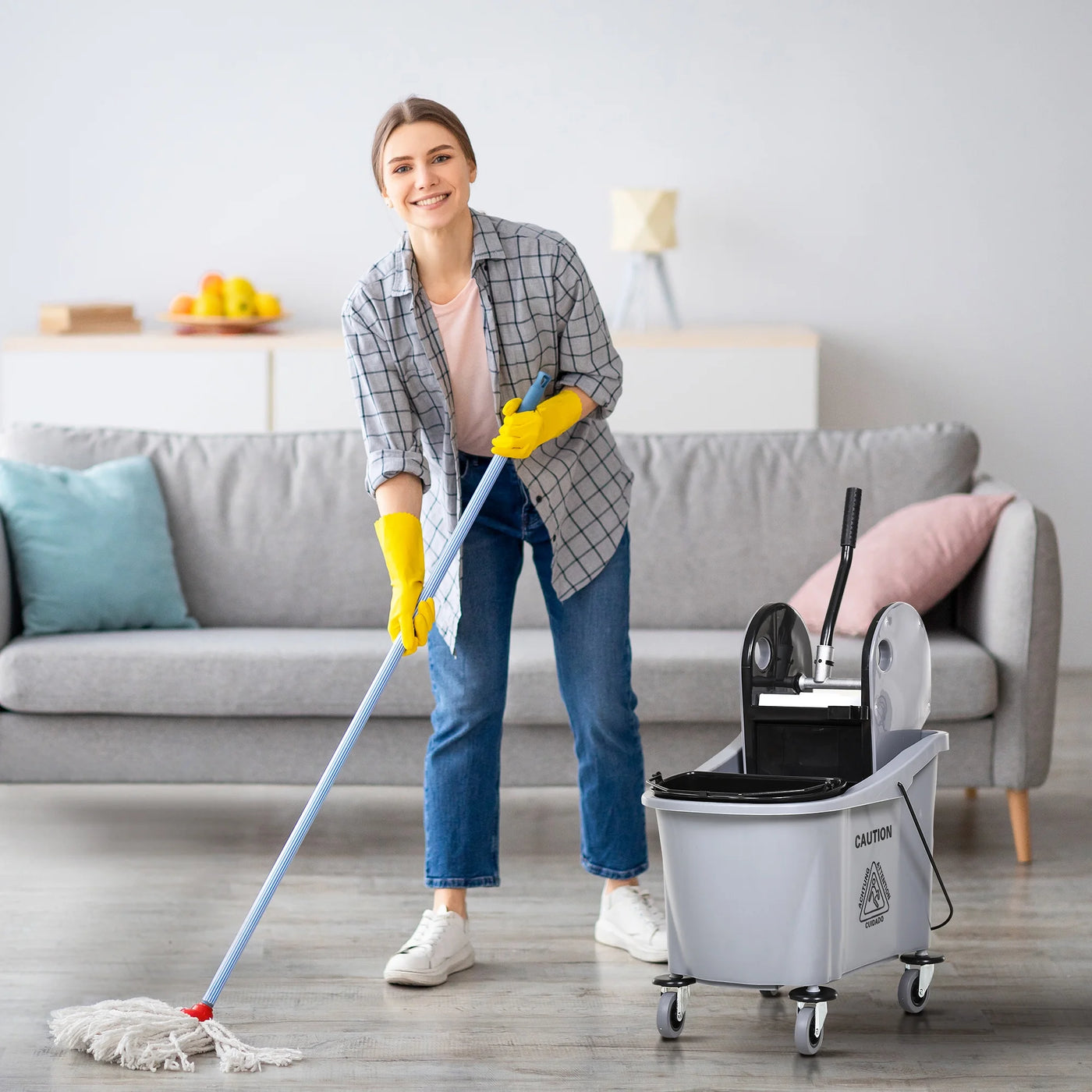 HOMCOM 9.5 Gallon (38 Quart) Mop Bucket with Wringer Cleaning Cart, 4 Moving Wheels, 2 Separate Buckets, & Mop-Handle Holder, Grey