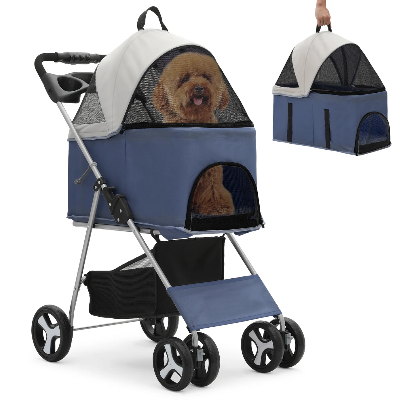 MoNiBloom 4 Wheel Foldable Dog Pet Stroller with Cup Holder, Navy Blue