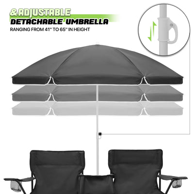 Magshion Portable Double Folding Chair with Removable Umbrella, Cooler Bag & Carry Bag, for Beach Camping Picnic, Black