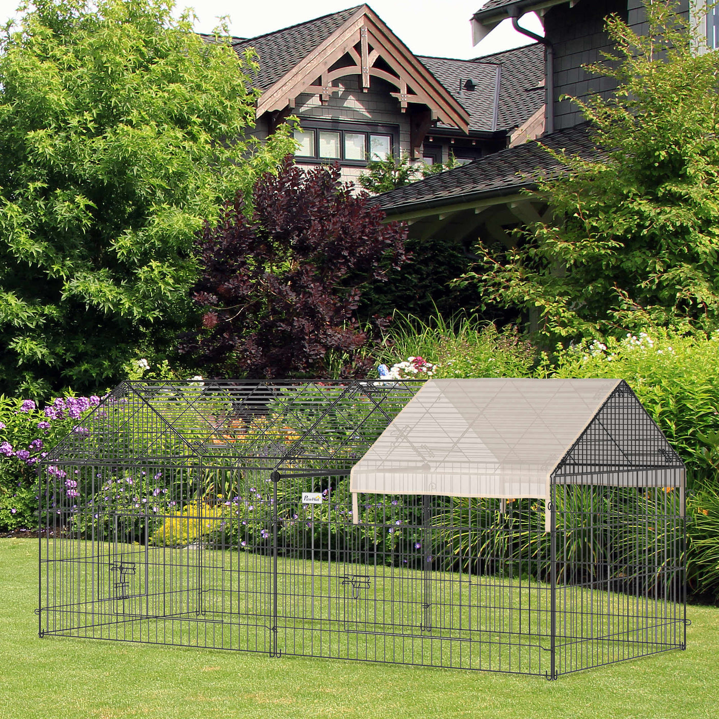 PawHut Catio Metal Chicken Coop, 86.5" x 40.5" Portable Small Animal Playpen for Rabbit, Outdoor Dog Kennel with Water-resistant Cover, Beige