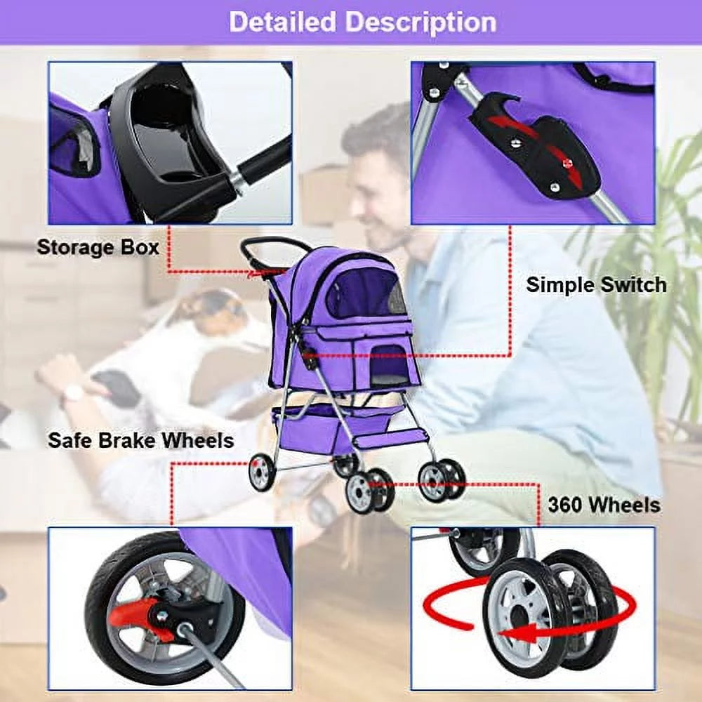 BestPet, Cat Carrier Stroller, 4 Wheels, Purple