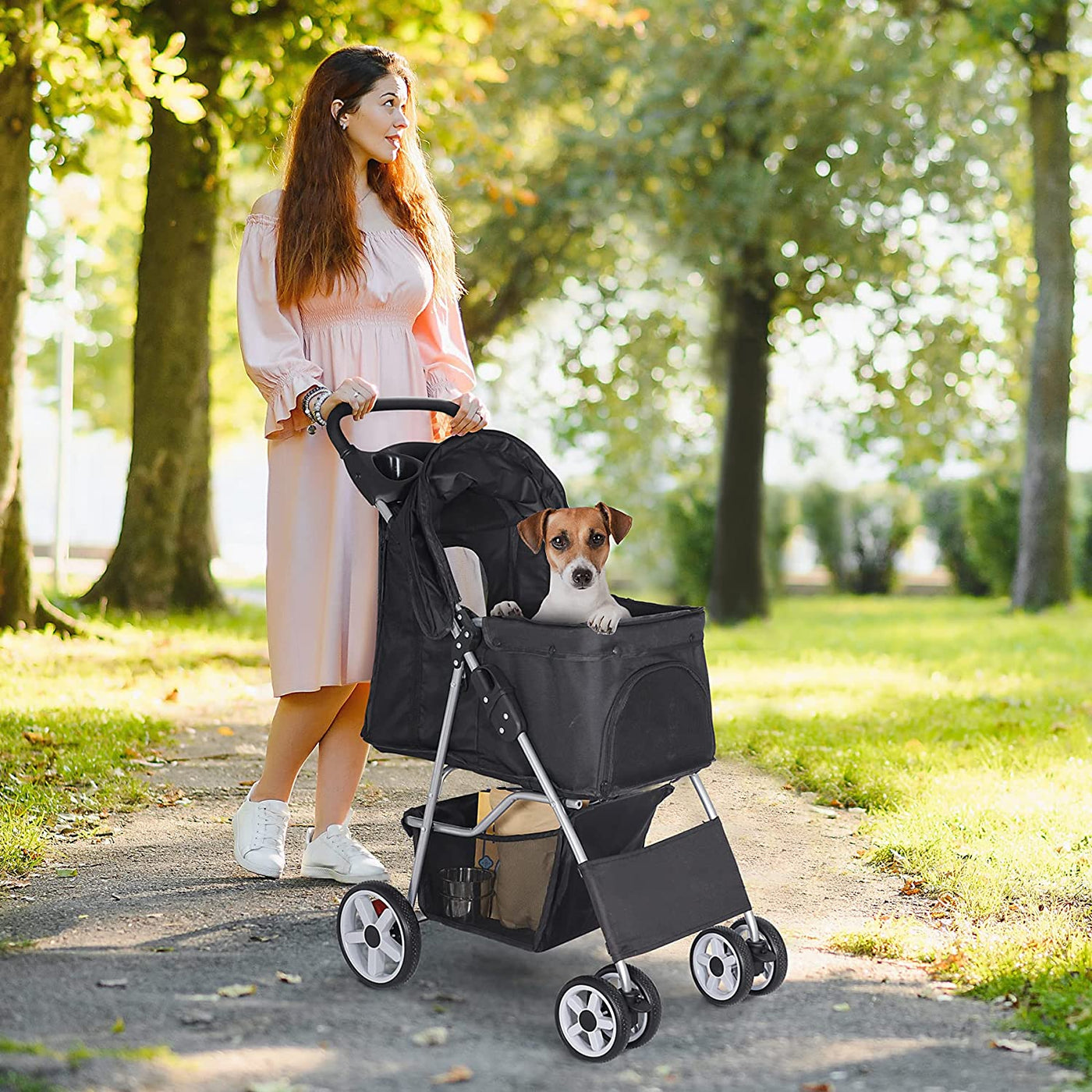 Foldable Pet Stroller, Cat/Dog Stroller with 4 Wheel, Pet Travel Carrier Strolling Cart with Storage Basket, Cup Holder, Black