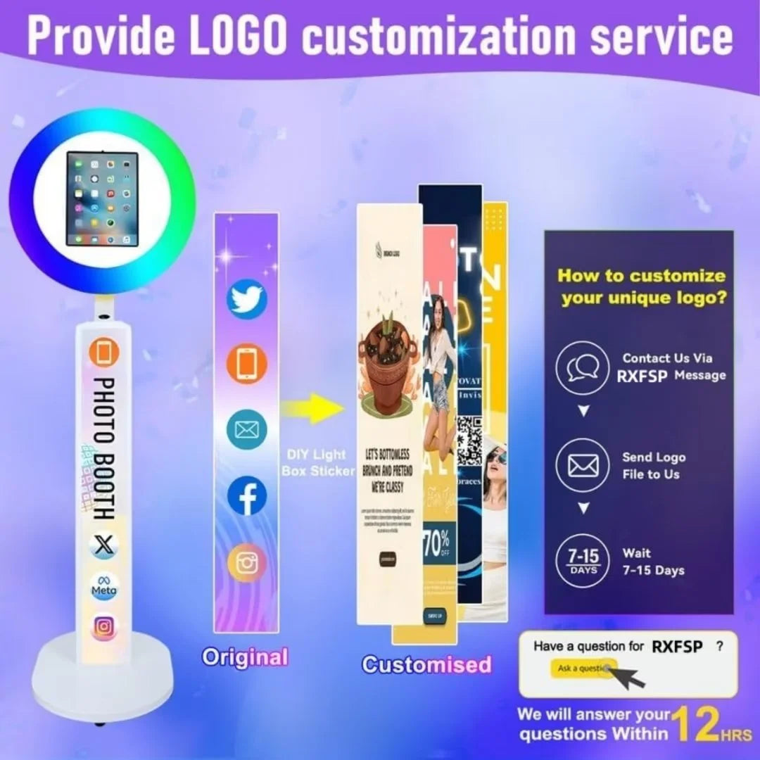 Upgraded White iPad Photo Booth for iPad 10.2'' 10.9'' 11'' 12.9'' Selfie Photo booth Station Machine with RGB Ring Light,Free Custom Logo with Flight Case for Parties Christmas,Wedding Events Rental