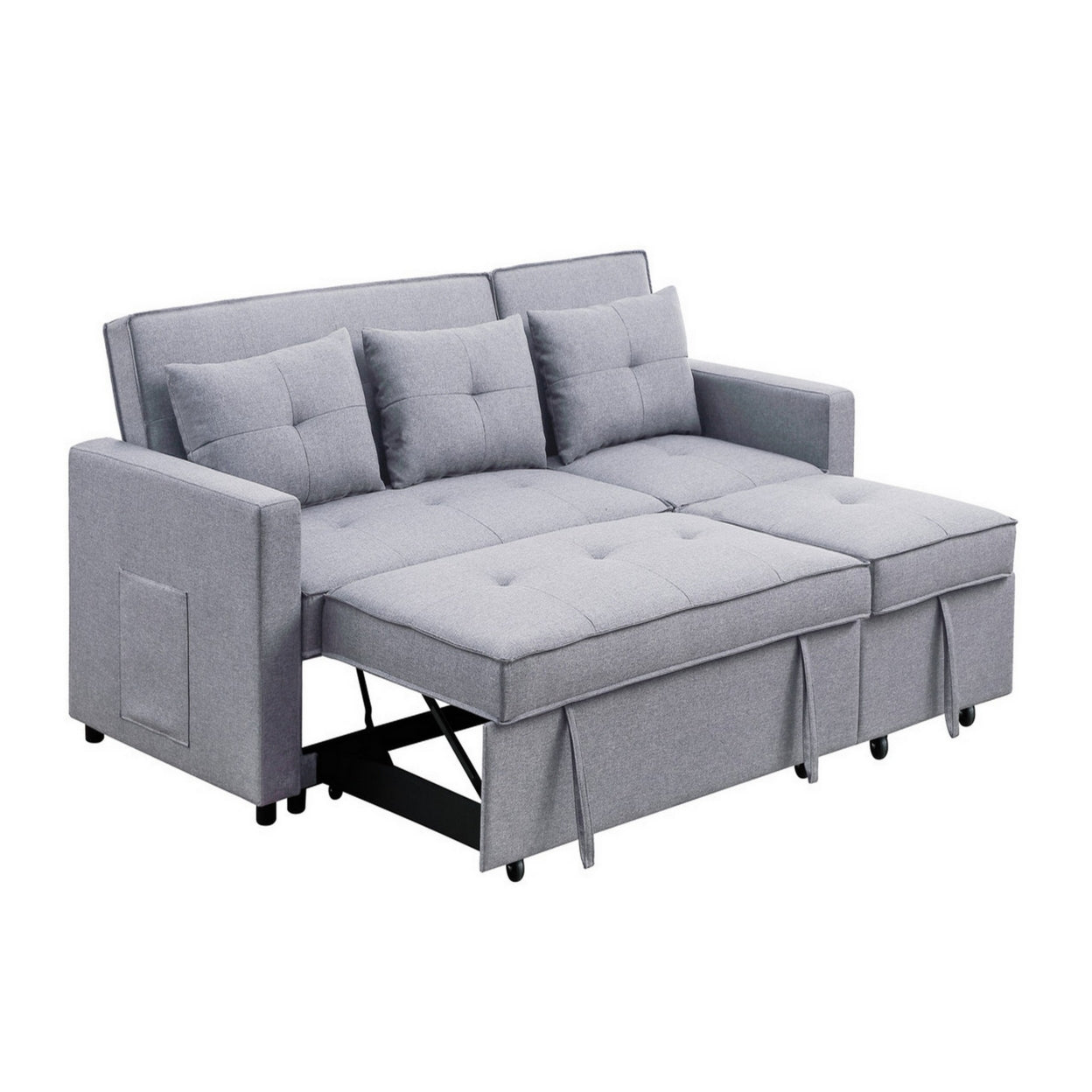 Benjara BM286632 80 in. Jayce Wood Convertible Sleeper Sofa with Side Pocket, Light Gray & Black