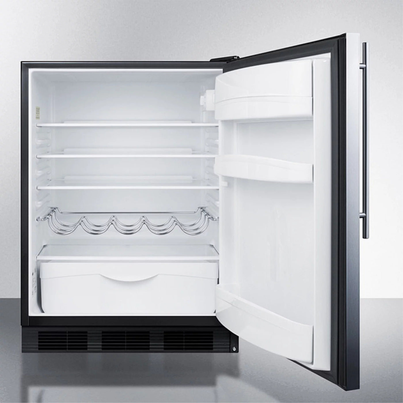 ADA compliant built-in undercounter all-refrigerator for residential use, auto defrost with stainless steel wrapped door, thin handle, and black cabinet