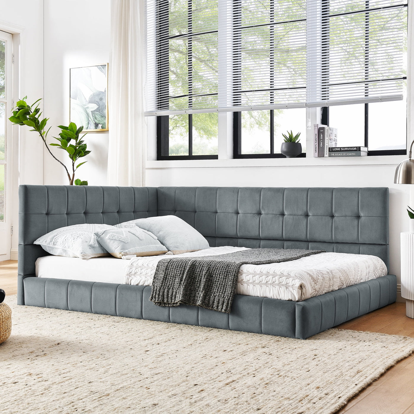 Full Size Upholstered Tufted Bed Frame with Comfortable Backrest and Armrests, Velvet Sofa Bed for Bedroom or Living Room, Grey (80.5'' x 59'' x 30.5'')