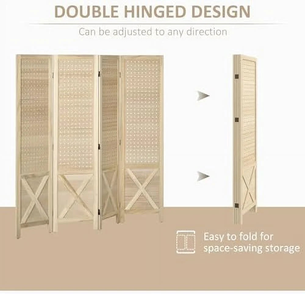 CHFBC 4 Panel Pegboard Display Room Divider 4.7' Tall Wood Indoor Portable Folding Privacy Screen Partition Wall Divider for Home Office Natural