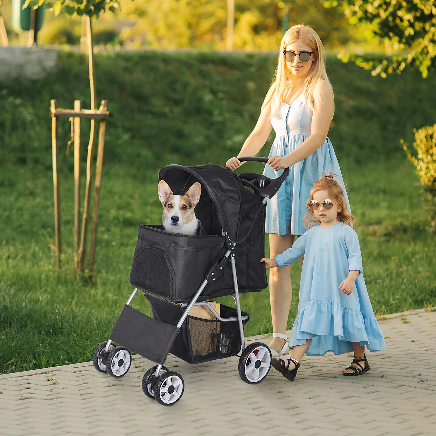 Pet Stroller 4 Wheels Dog Cat Stroller for Small Medium Dogs Cats Foldable Puppy Stroller with Storage Basket and Cup Holder