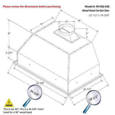 Awoco RH-BQ-X36 Awoco RH-BQ-X36 36'W 18-1/2'D Built-in Insert 4 Speeds Stainless Steel Range Hood for Wood Hood