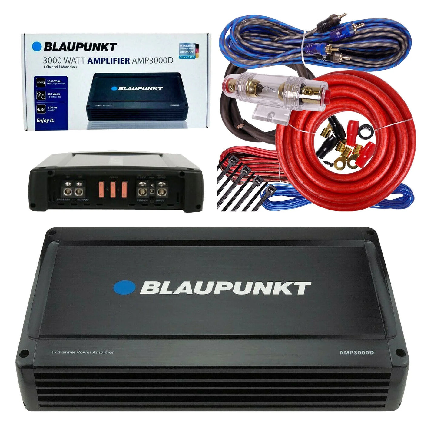 Blaupunkt AMP3000D 3000W Monoblock Class D Stereo Car Audio Amp + 4 Ga Amp Kit Bundle