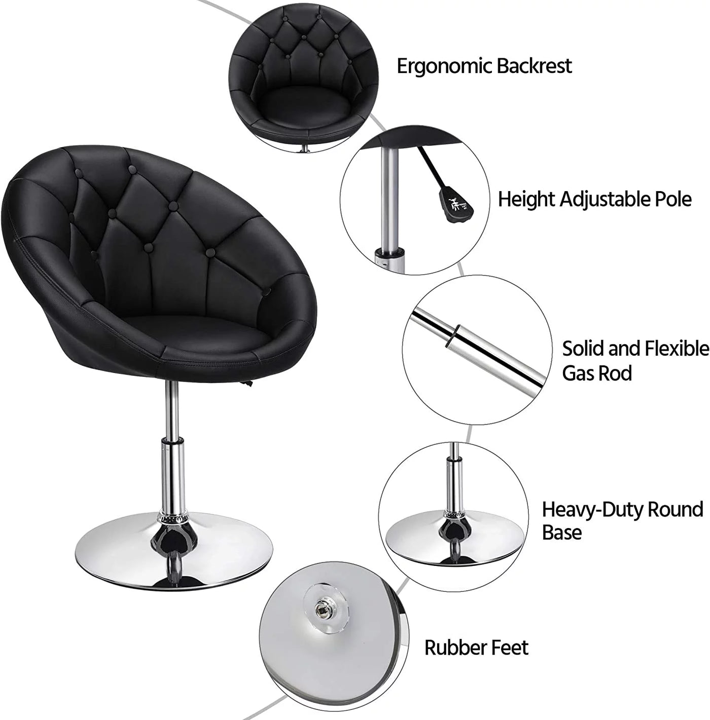 HOMEZY Round Tufted Back Chair Contemporary Height Adjustable, 360° Swivel, Accent Vanity Chair for Living Room, Modern Look, Black