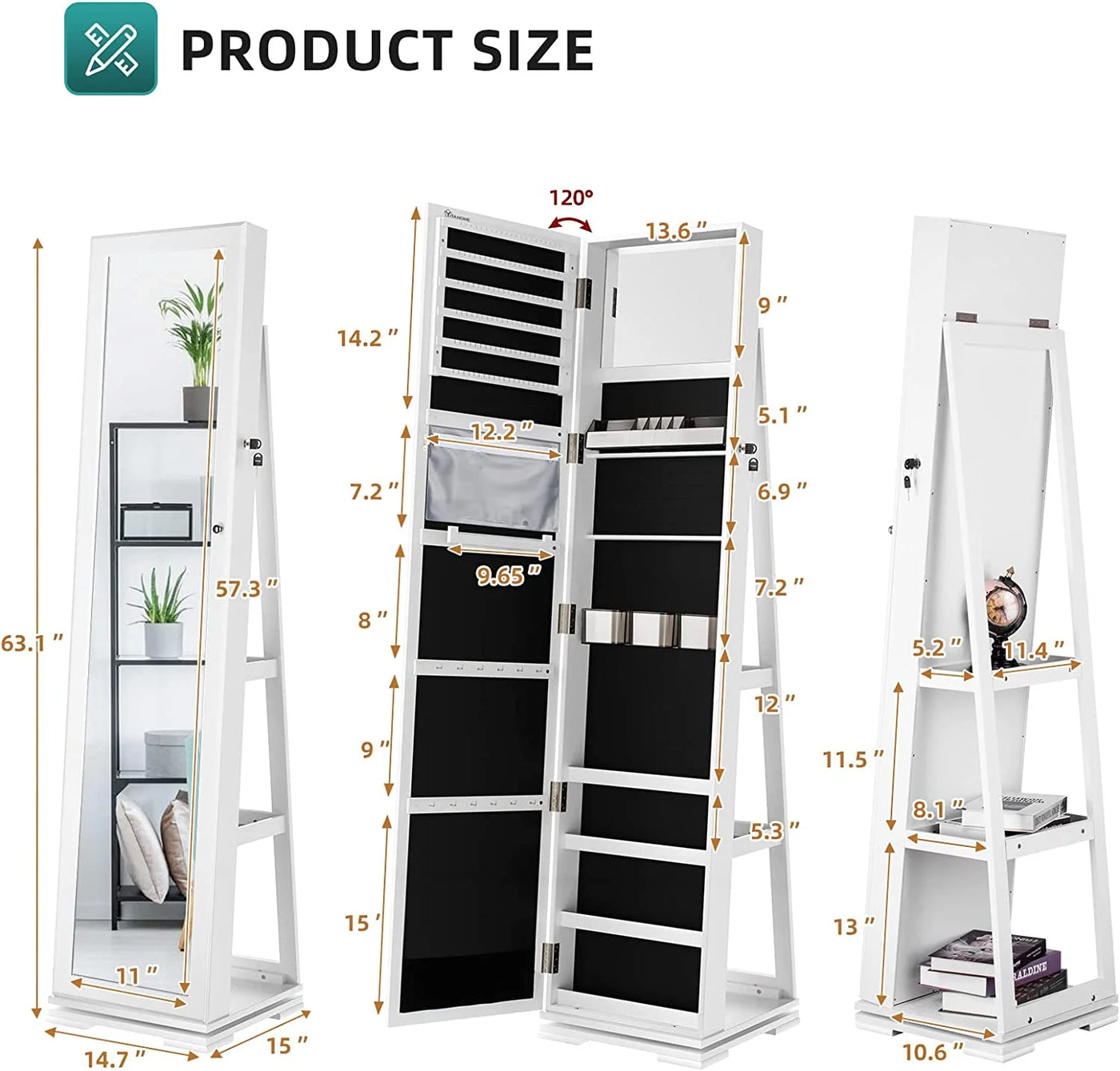 Dextrus 360° Swivel Jewelry Cabinet, Lockable Standing Jewelry Armoire with Full-Length Mirror, Rear Storage Shelves, White